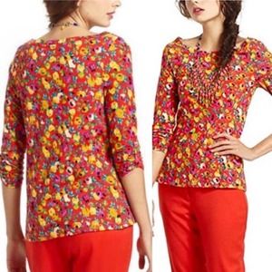 ANTHROPOLOGIE Postmark Banter 3/4 Sleeve Button Tee Red Floral Extra Small XS